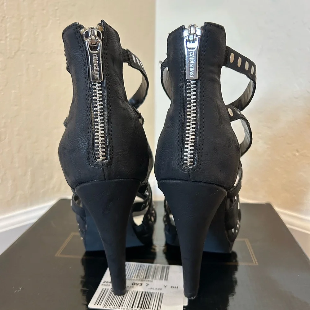 ◼️HP◼️Edgy Black Studded Strappy Heels EUC - Picture 5 of 8